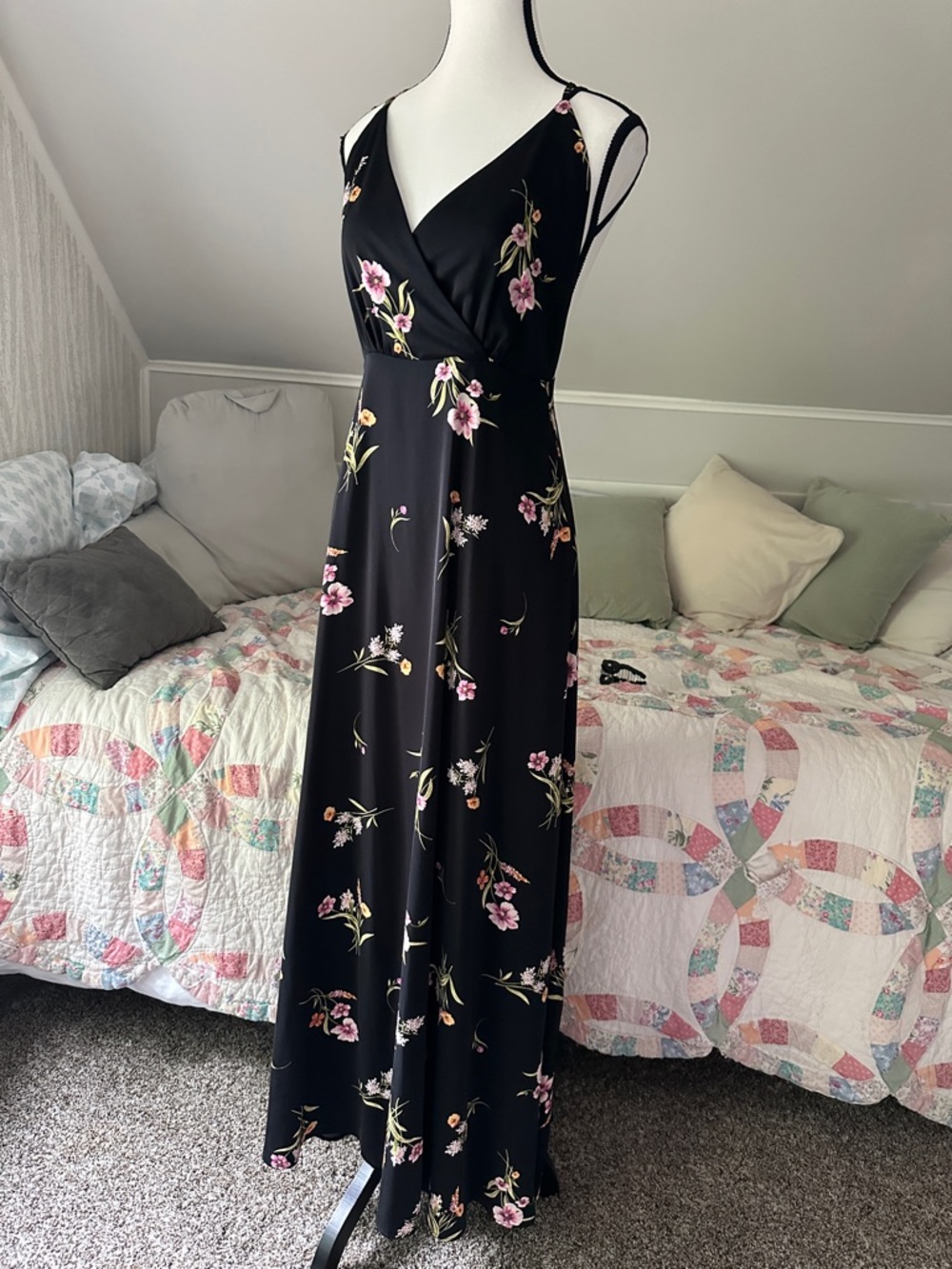 Lulu's Black Floral Wrap Maxi Dress with Pink Blooms